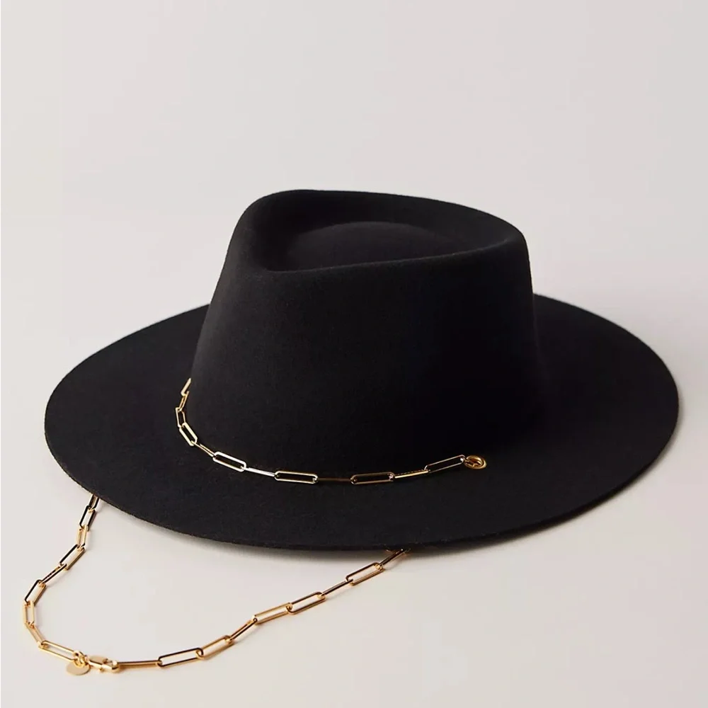 NWT Van Palma Black Wide-Brim Wool Fedora with Gold Chain Accent From France